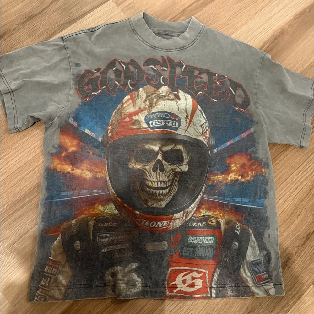 Godspeed Skull Helmet Graphic Tee - Gray